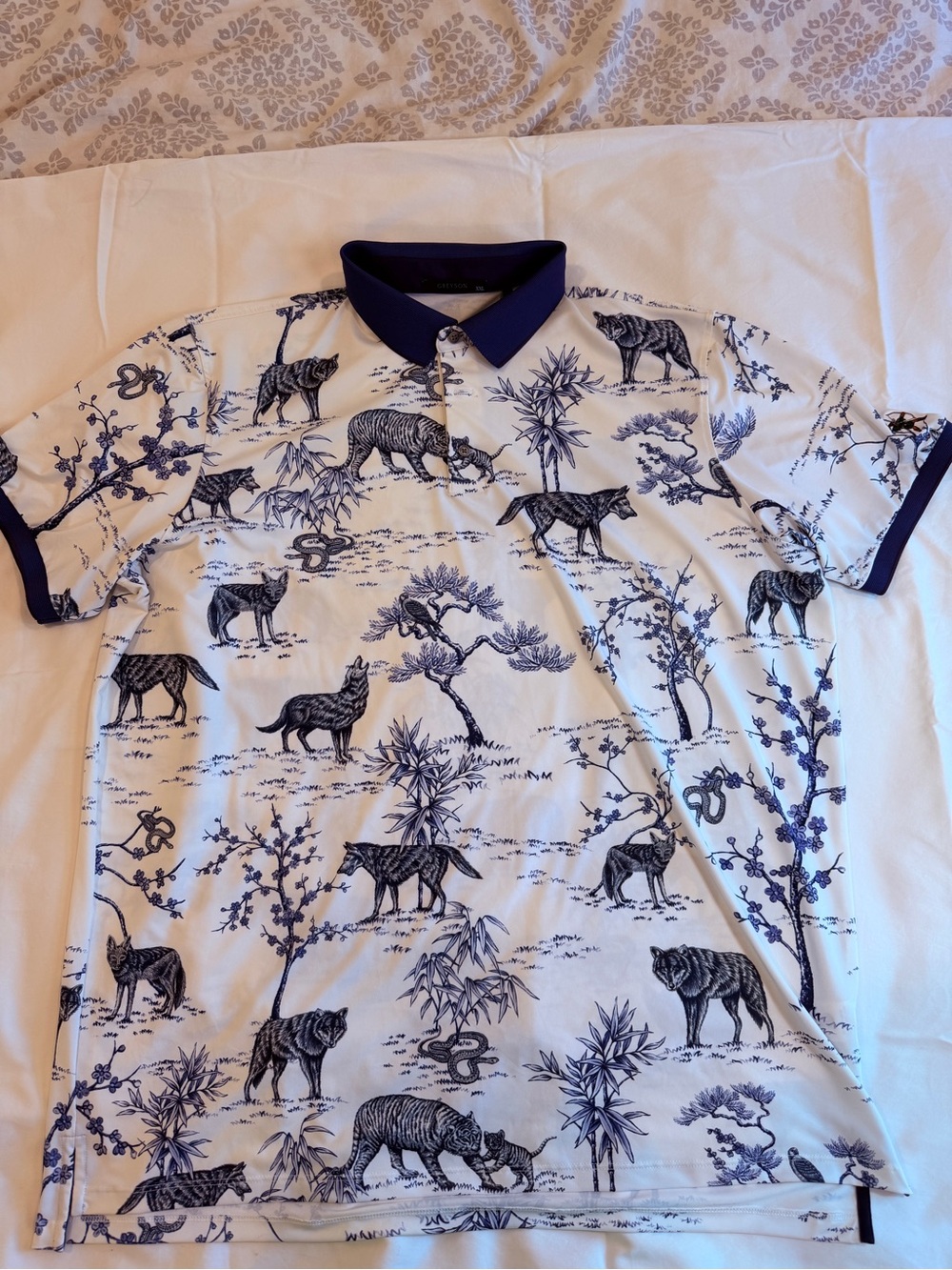 Greyson White Polo with Navy Wildlife Print